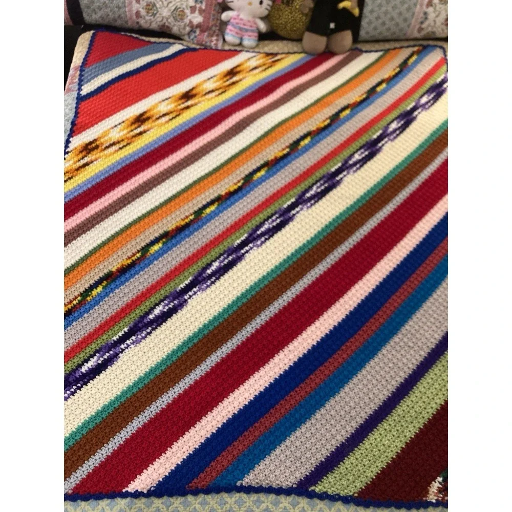 Vintage Handmade Crochet Afghan Throw 48x58 Colorful‎ Diagonal Stripe